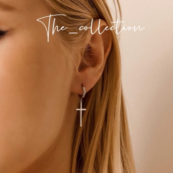 STERLING SILVER CROSS HOOP EARRINGS - Picture 3 of 4